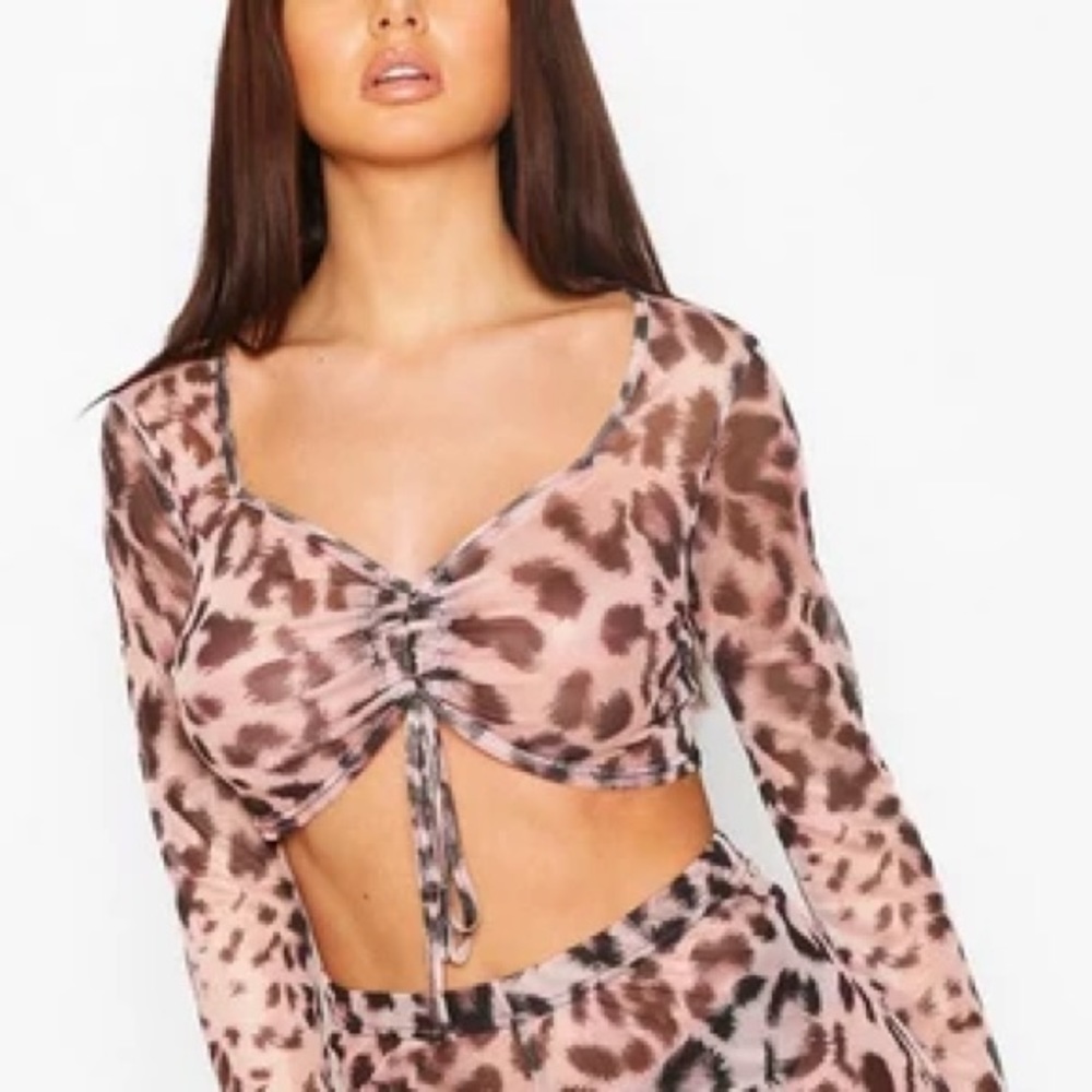 Leopard Print Mesh Ruched Front Beach Top